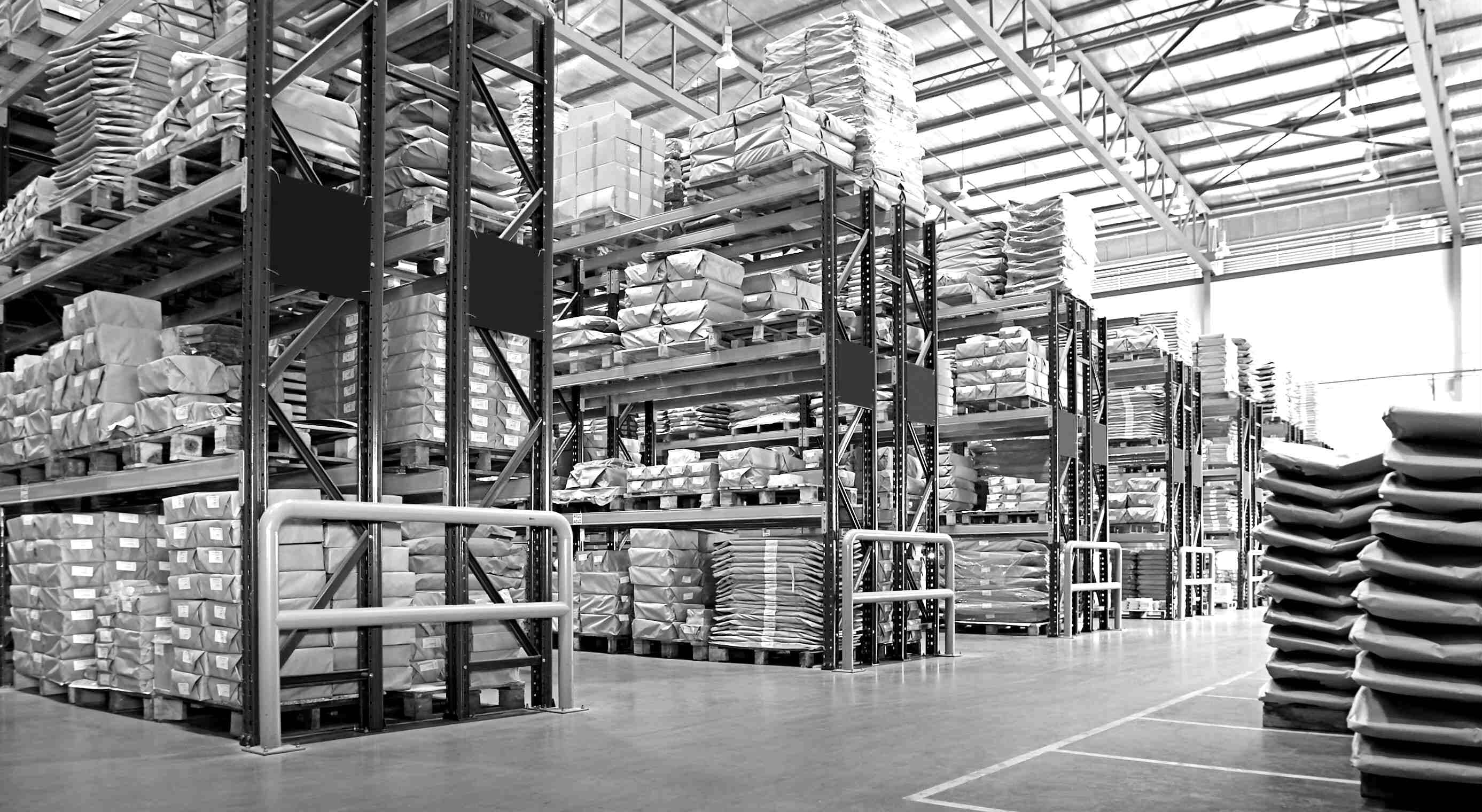 Warehouse shelving and stored goods