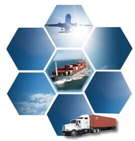 Air, sea and road freight shown in the source logistics montage